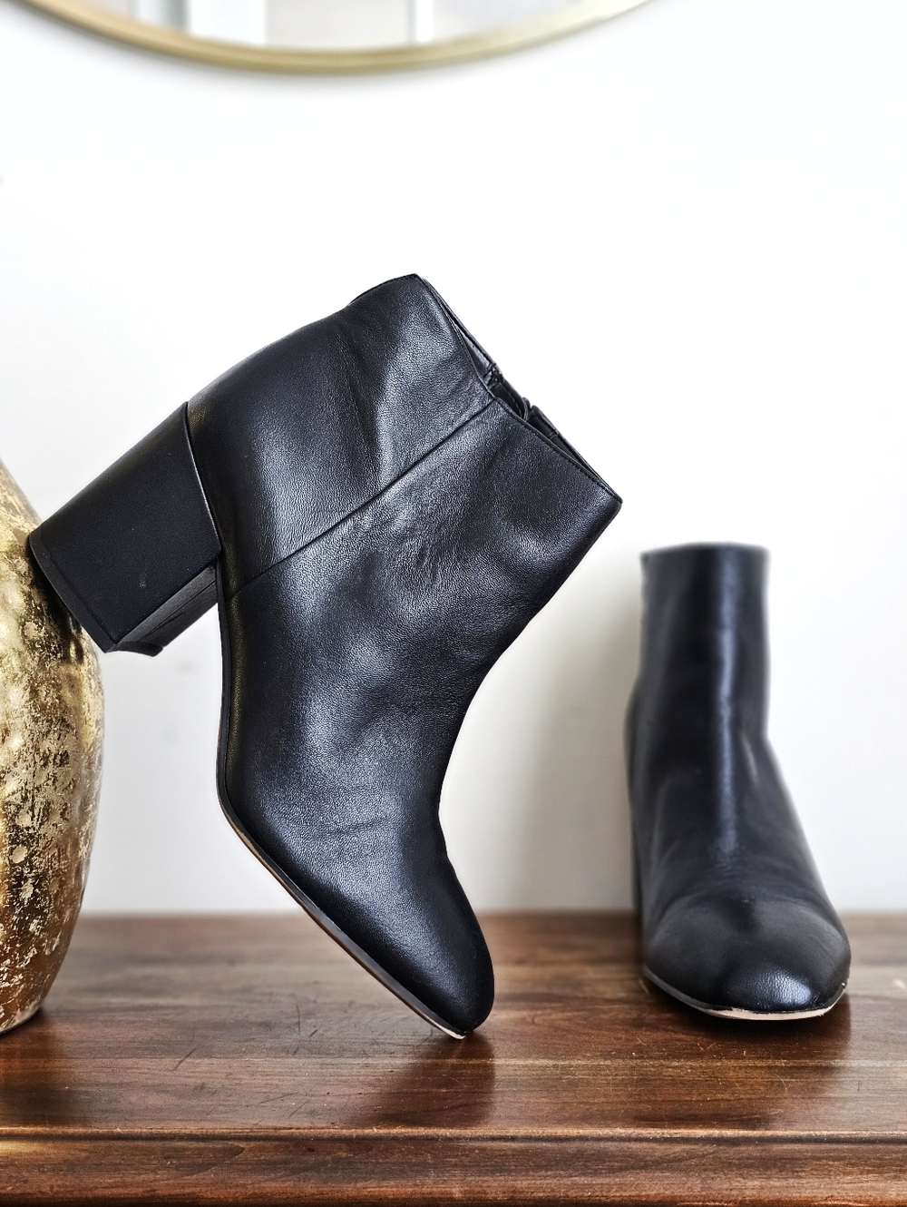 Franco Sarto Trudy Black Genuine Leather Square Toe Booties Block Heel 9